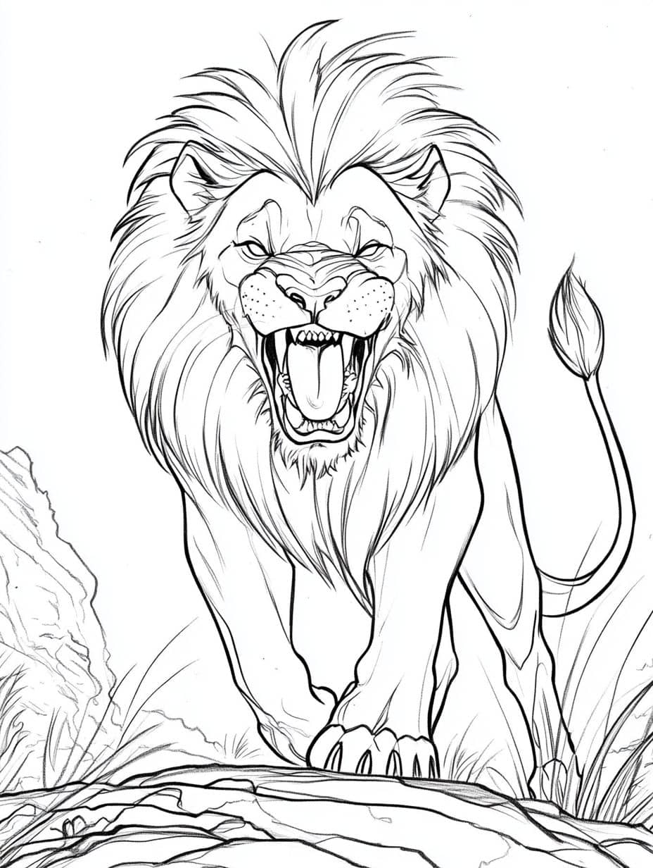 Lion En Train De Rugir Coloriage