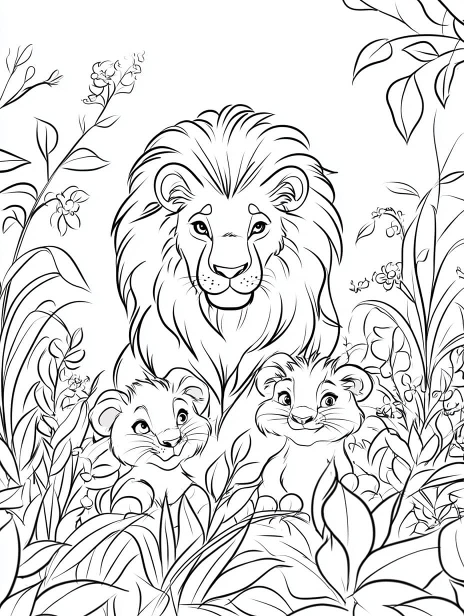 Lion Et Ses Cubs Coloriage