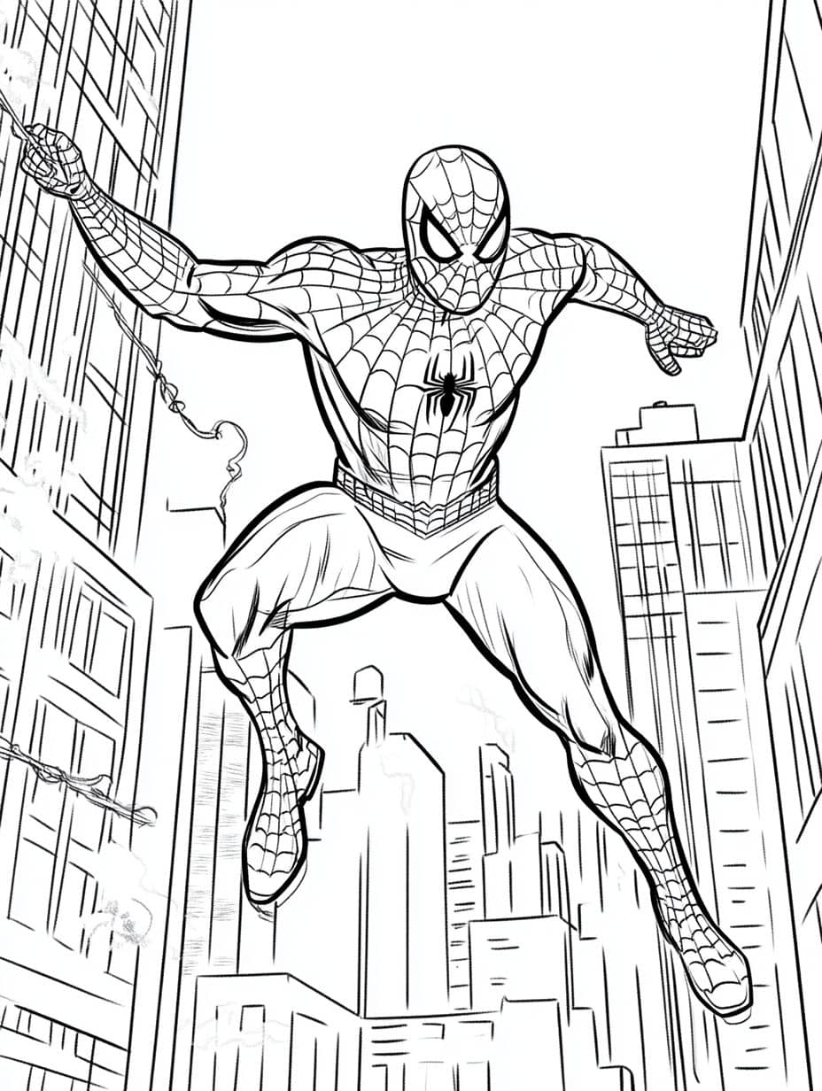 spiderman en vol au dessus de la ville coloriage