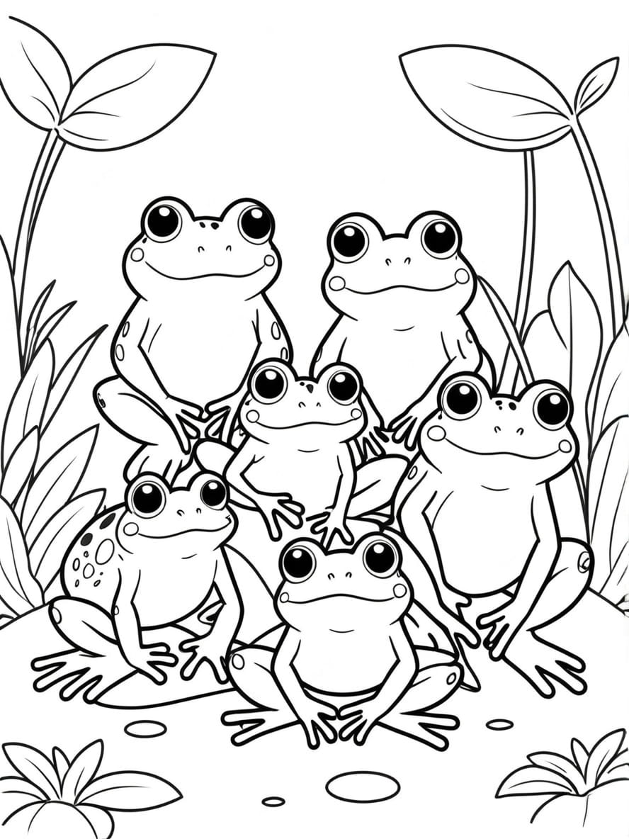 Coloriage Une Famille De Grenouilles Prenant Un Bain De Soleil