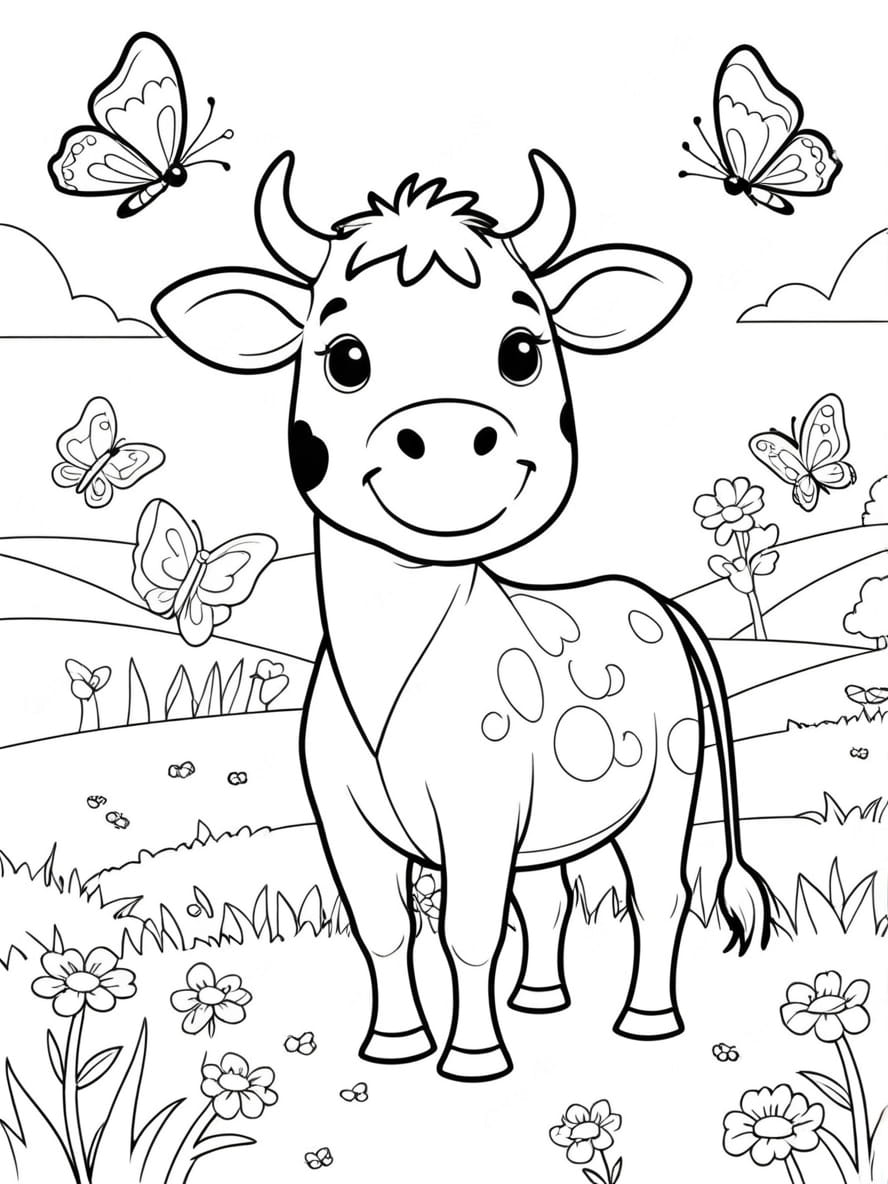 Coloriage Vache Et Papillons Dans Le Champ