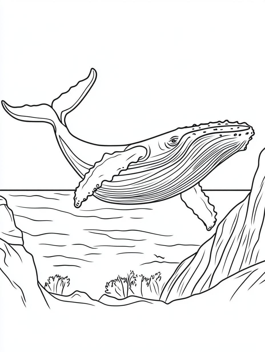 Coloriage Baleine A Bosse S Echappant Pres D Une Falaise