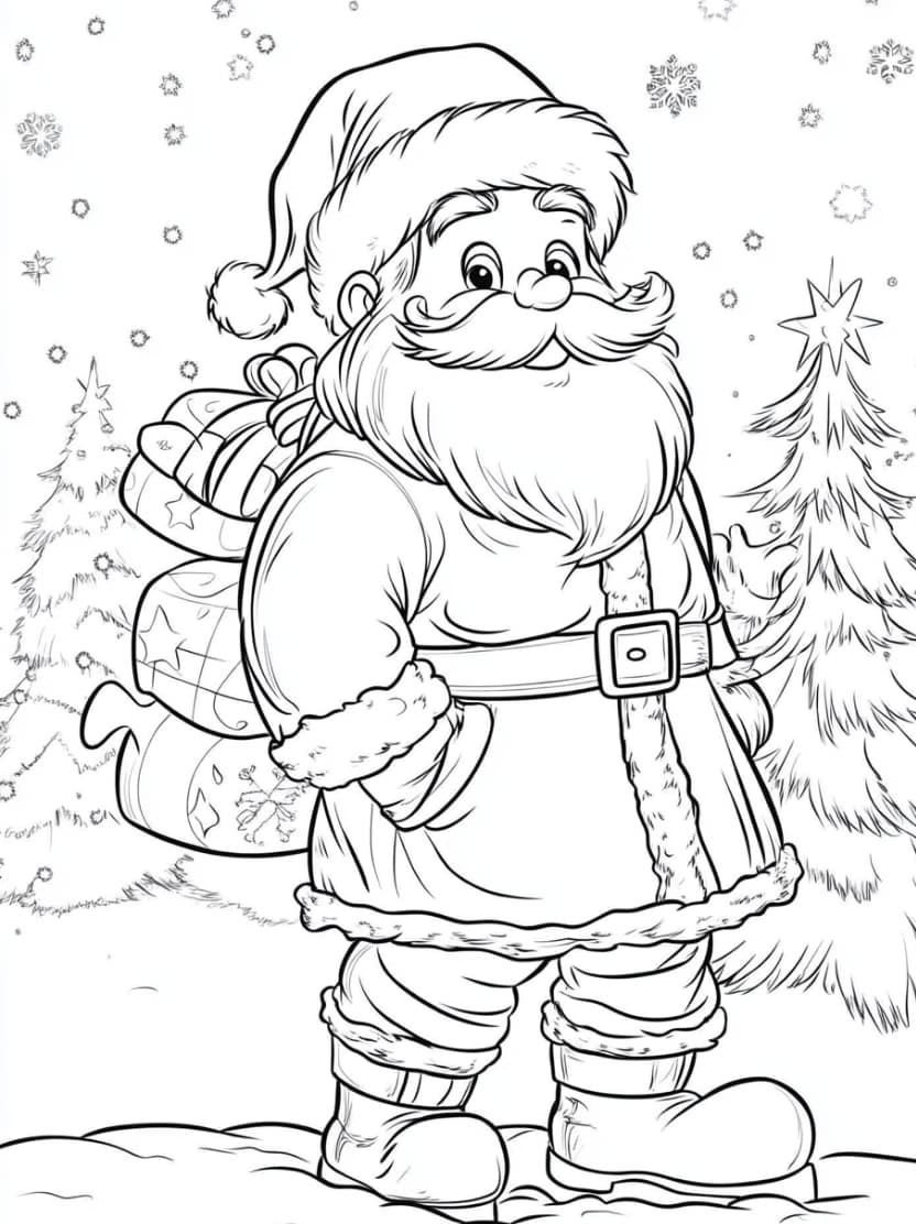 Coloriage Cadeau Et Santa Claus Sous La Neige