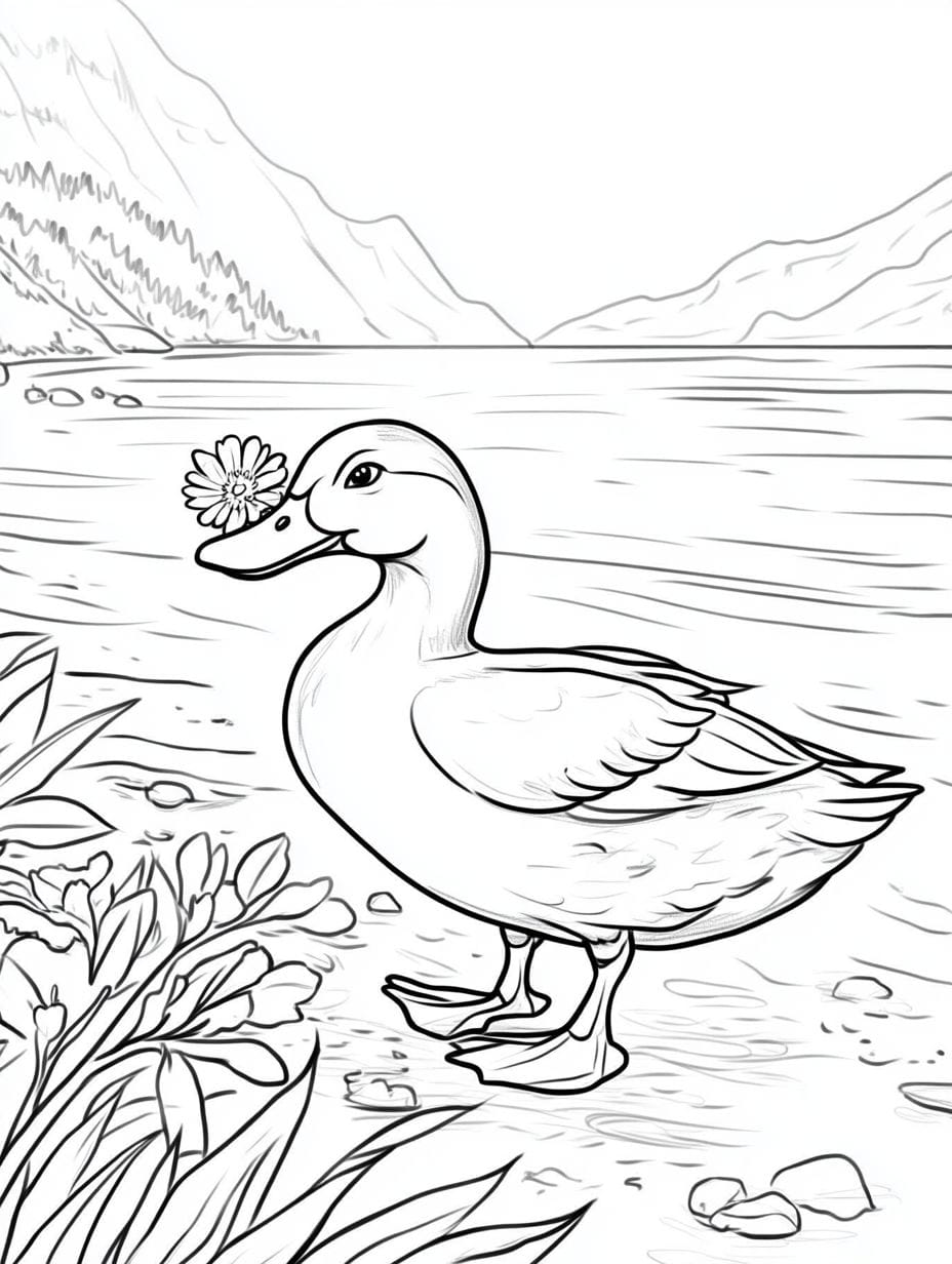 Coloriage Canard Et Fleurs Mignon