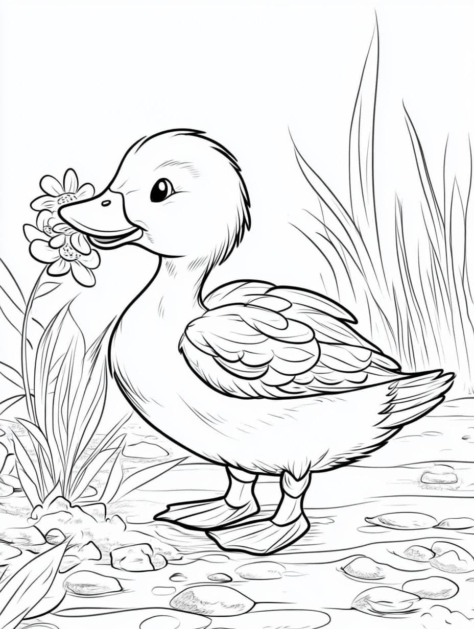 Coloriage Canard Et Fleurs