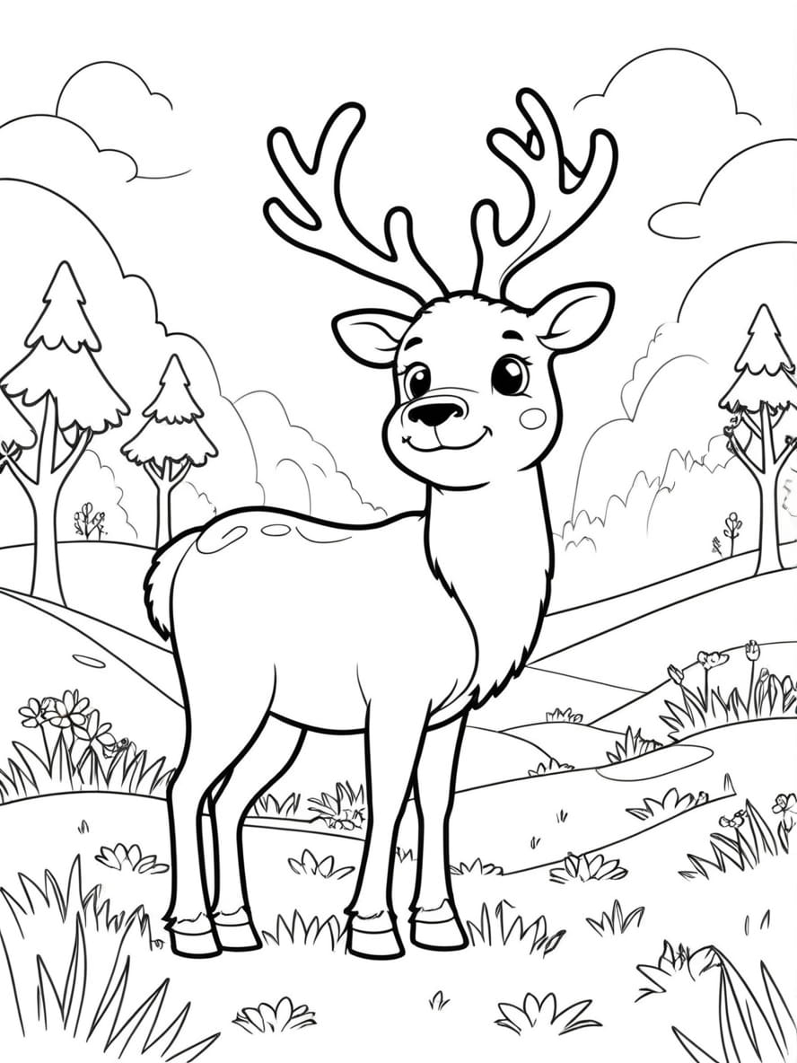 Coloriage Cerf Broutant Dans Une Prairie Verdoyante Chibi