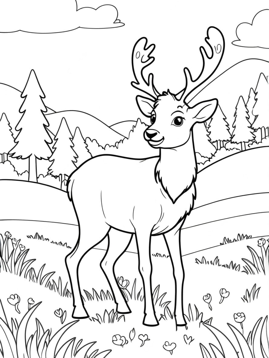 Coloriage Cerf Broutant Dans Une Prairie Verdoyante