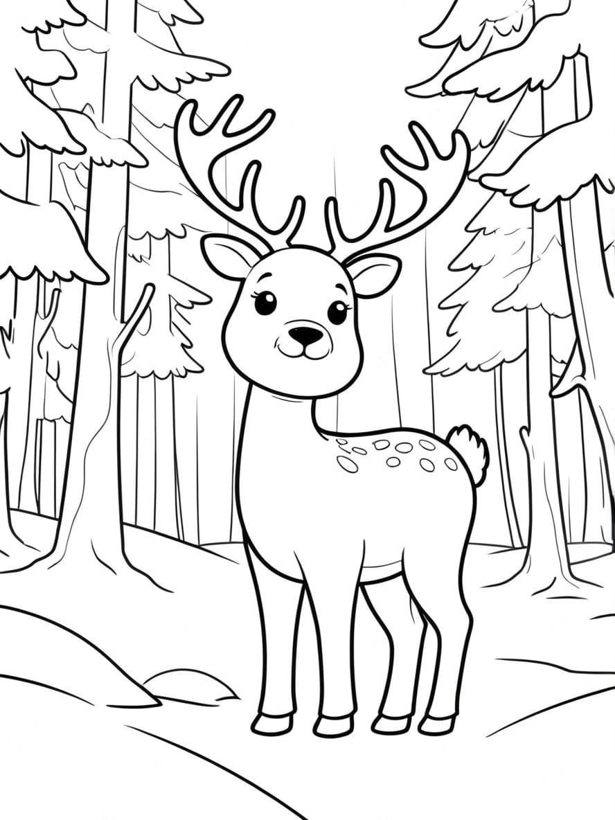 Coloriage Cerf Dans Une Foret Enneigee Chibi