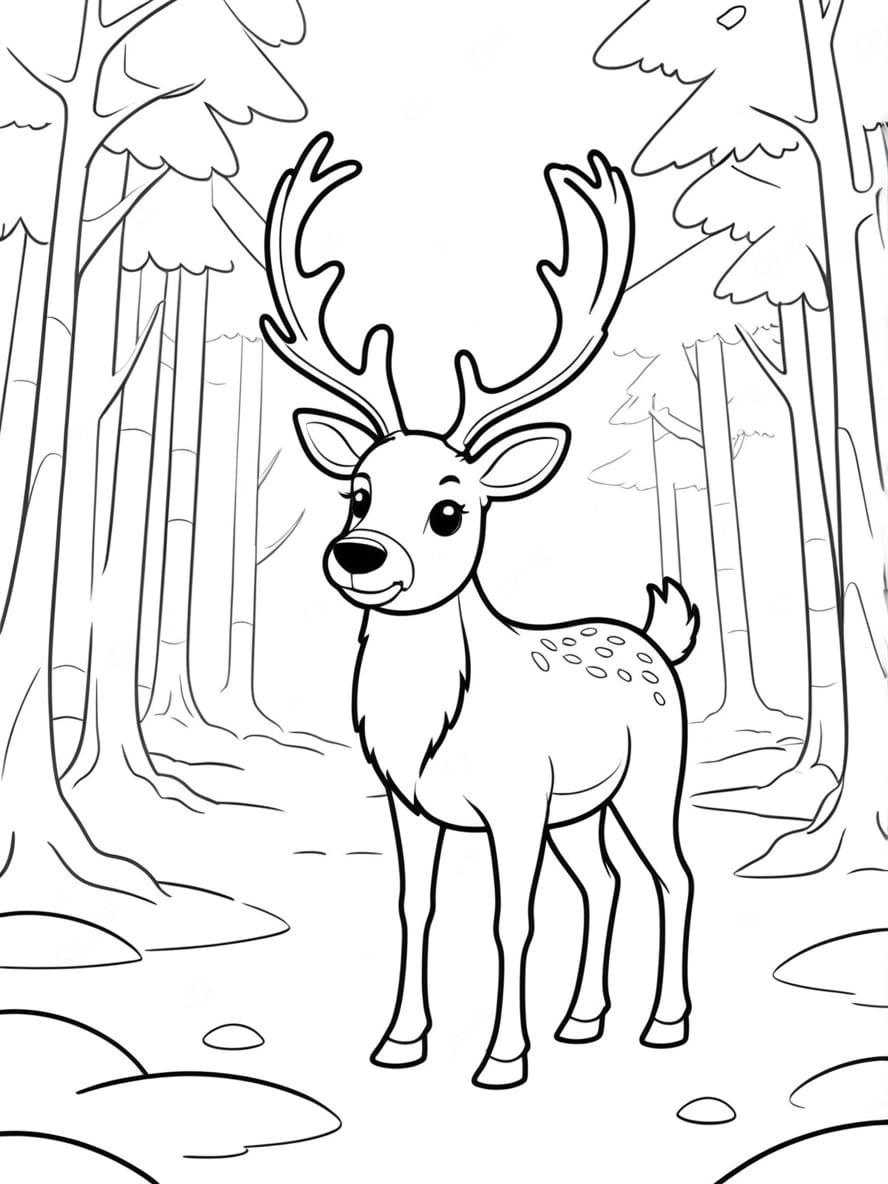 Coloriage Cerf Dans Une Foret Enneigee