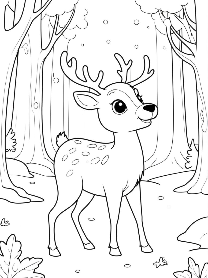 Coloriage Cerf Explorant Une Foret Magique Chibi