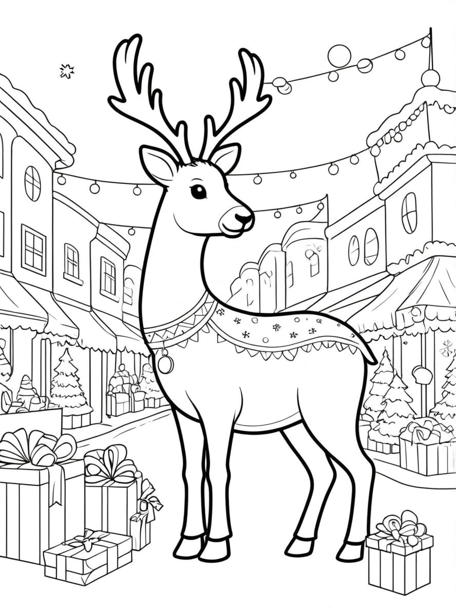 Coloriage Cerf Pres D Un Marche De Noel Festif