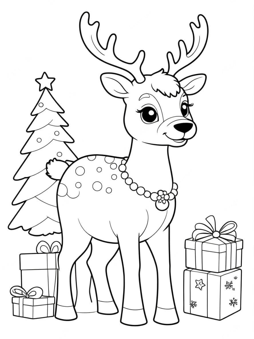 Coloriage Cerf Se Preparant Pour Noel Avec Des Decorations