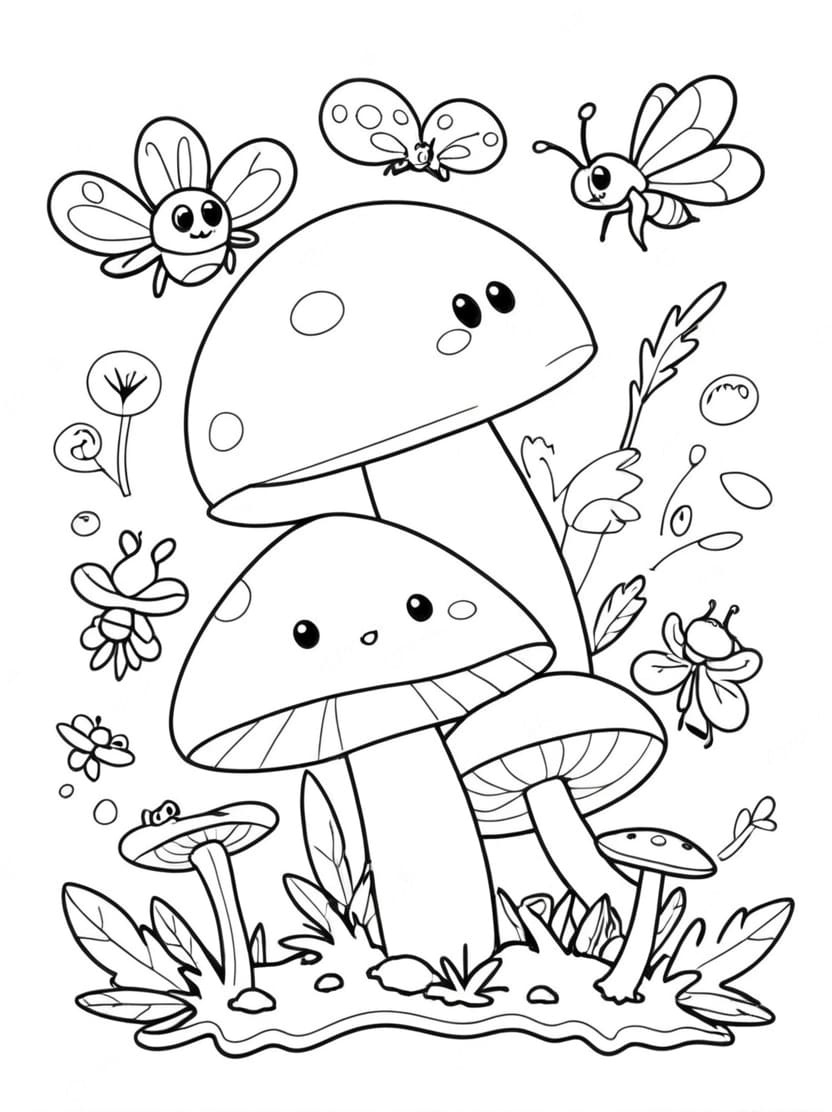 Coloriage Champignon Beau Et Insectes