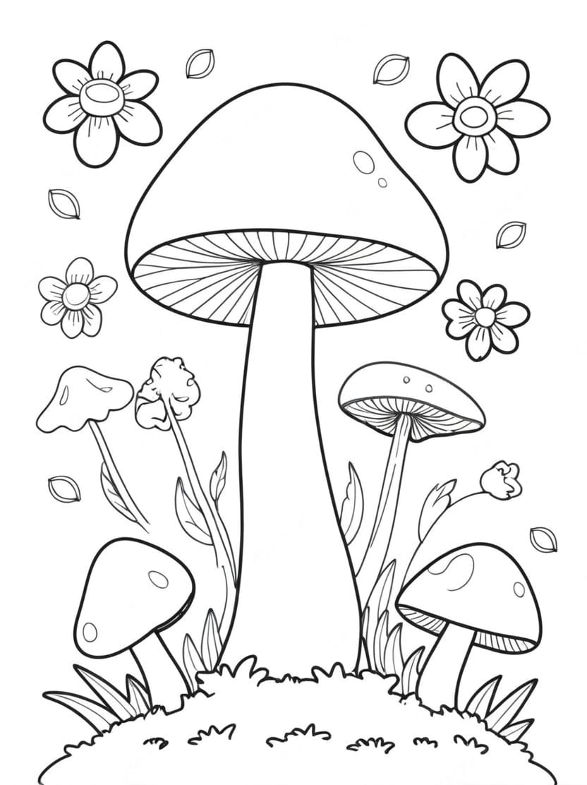 Coloriage Champignon Et Fleurs