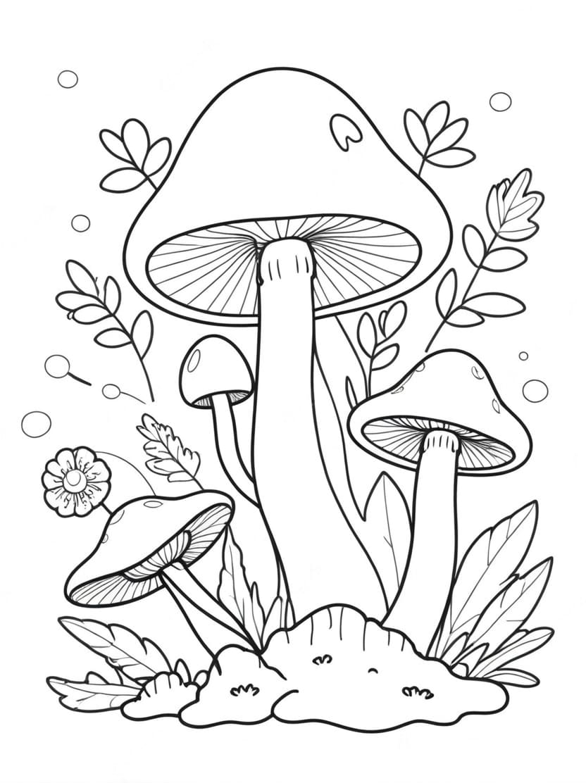 Coloriage Champignon Et Petites Fleurs