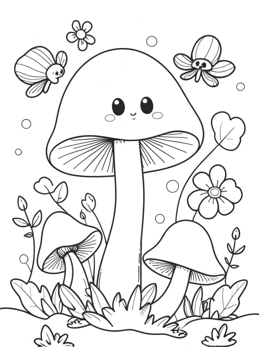 Coloriage Champignon Papillon Et Fleurs