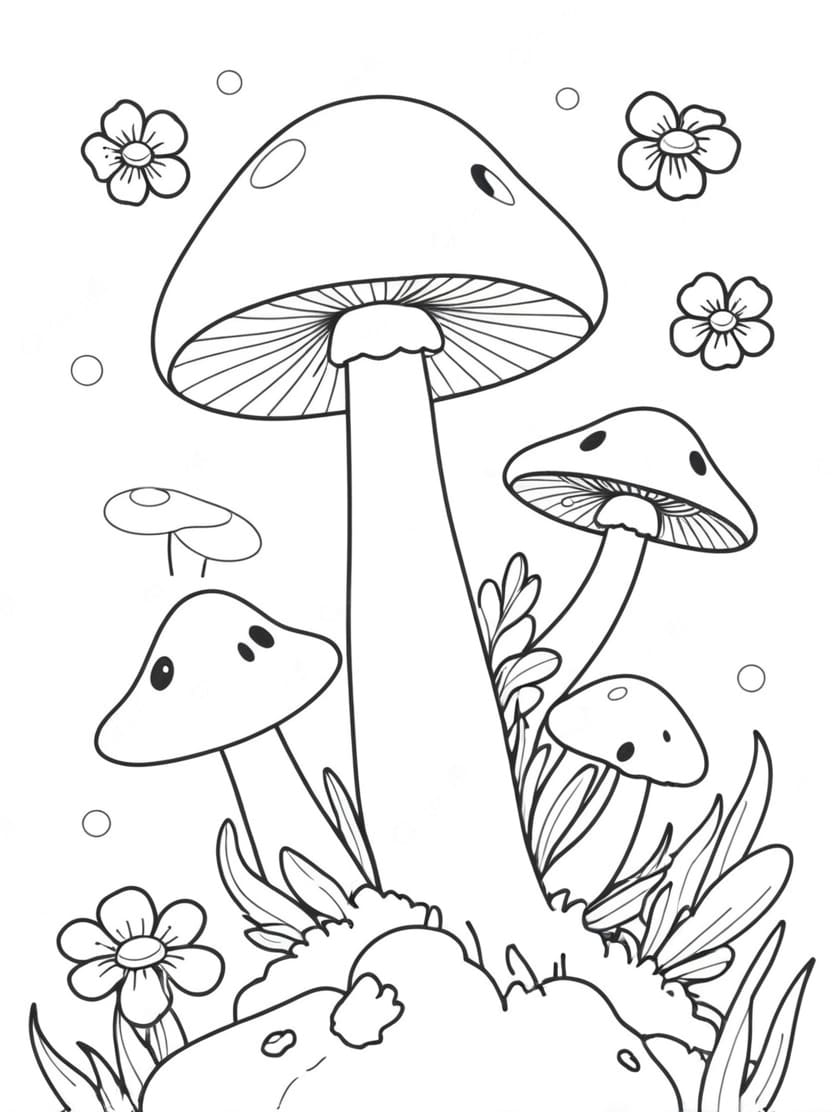 Coloriage Champignon Plusieurs Petites Fleurs