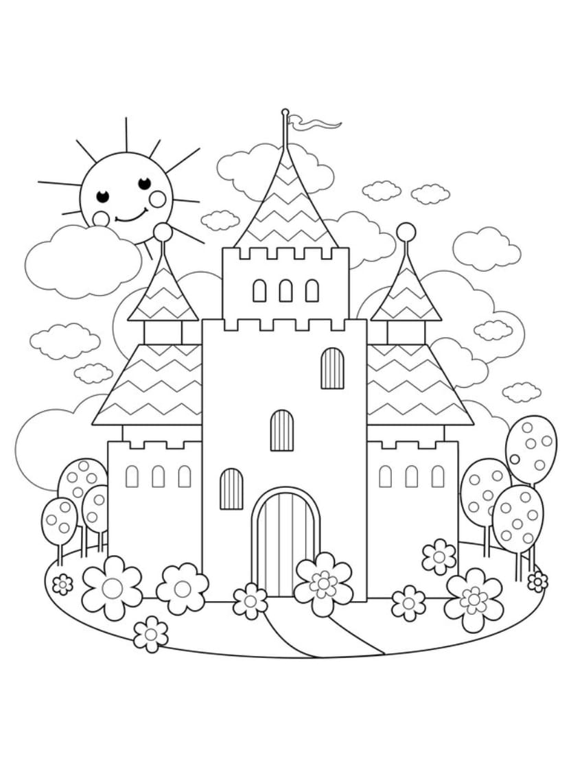 Coloriage Chateau Princesse Brillant Au Milieu Du Ciel