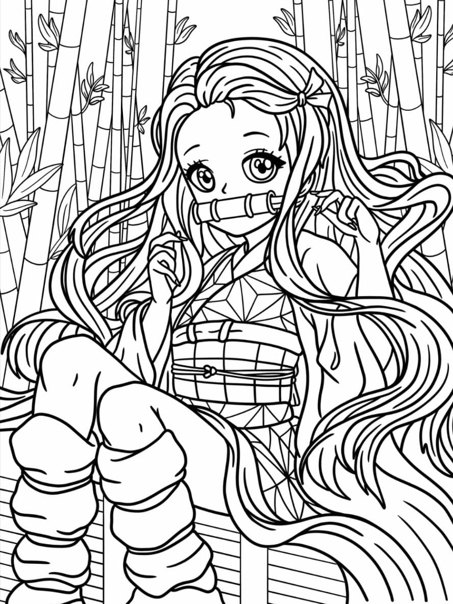 Coloriage Chibi Nezuko Dans La Foret De Bambous Pour Les Enfants D Age Prescolaire