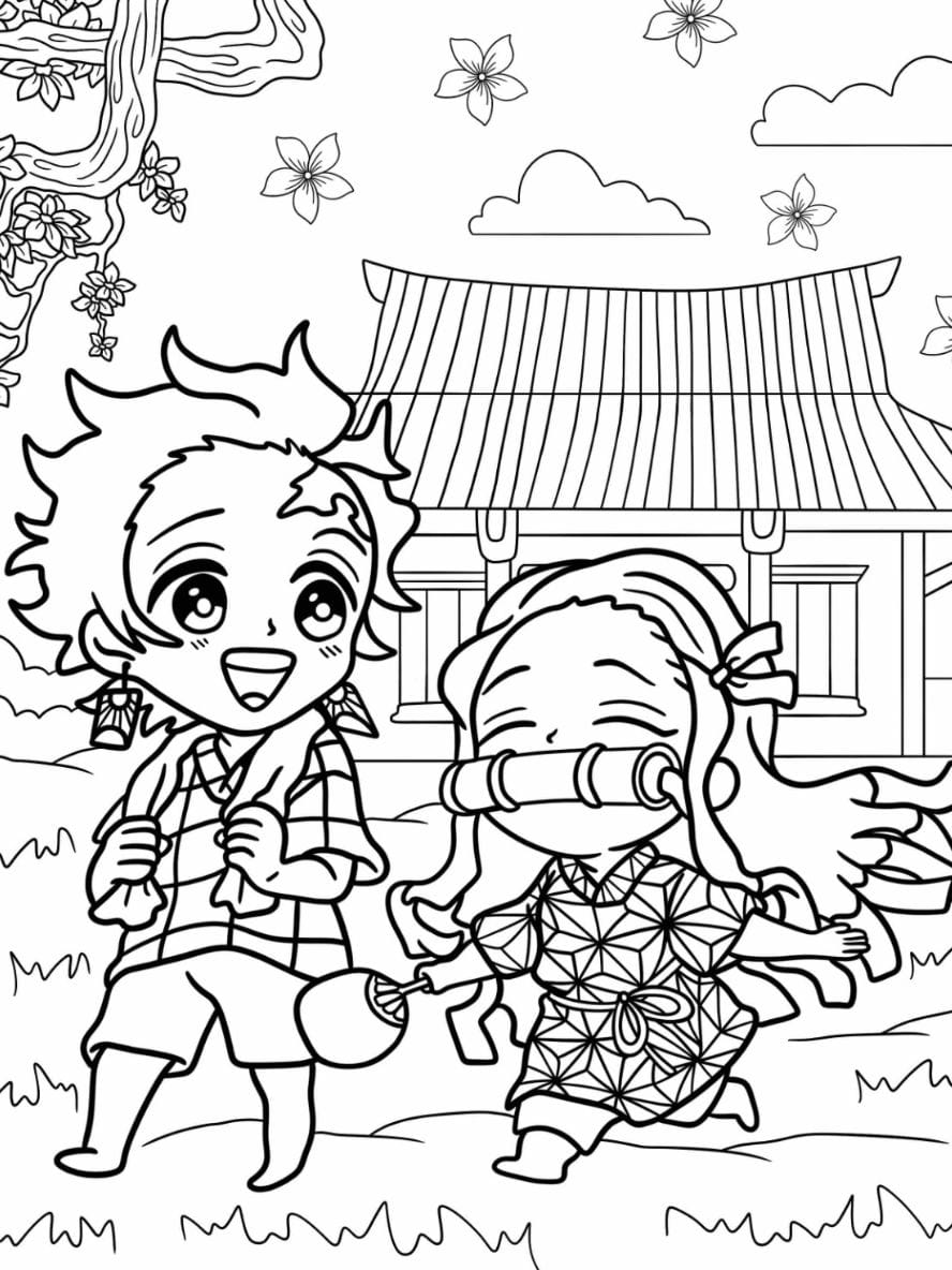 Coloriage Chibi Tanjiro Et Nezuko Jouant En Plein Air