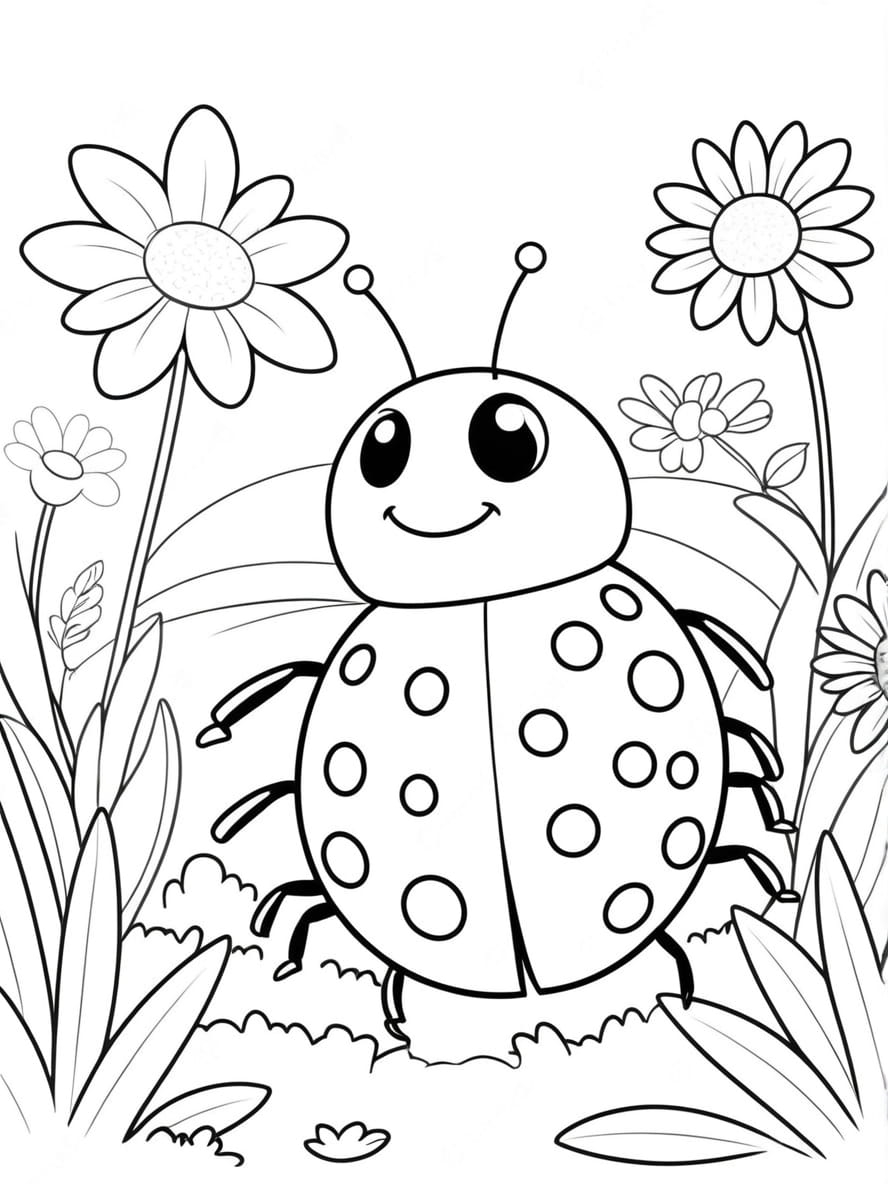 Coloriage Coccinelle Dans Un Jardin De Fleur