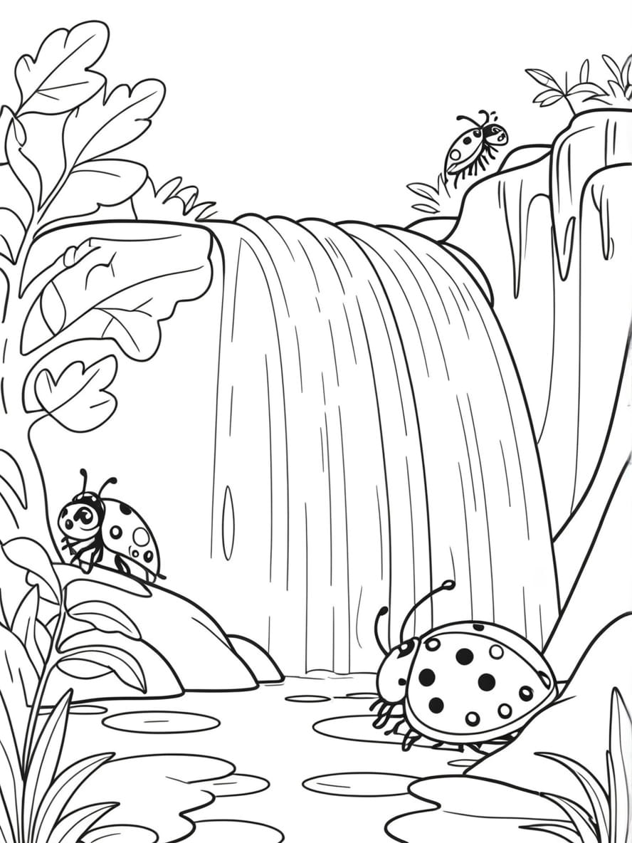 Coloriage Coccinelle Et La Cascade