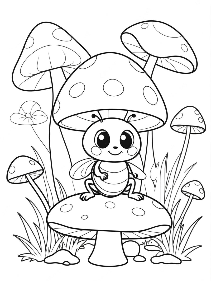 Coloriage Coccinelle Sur Un Champignon Chibi