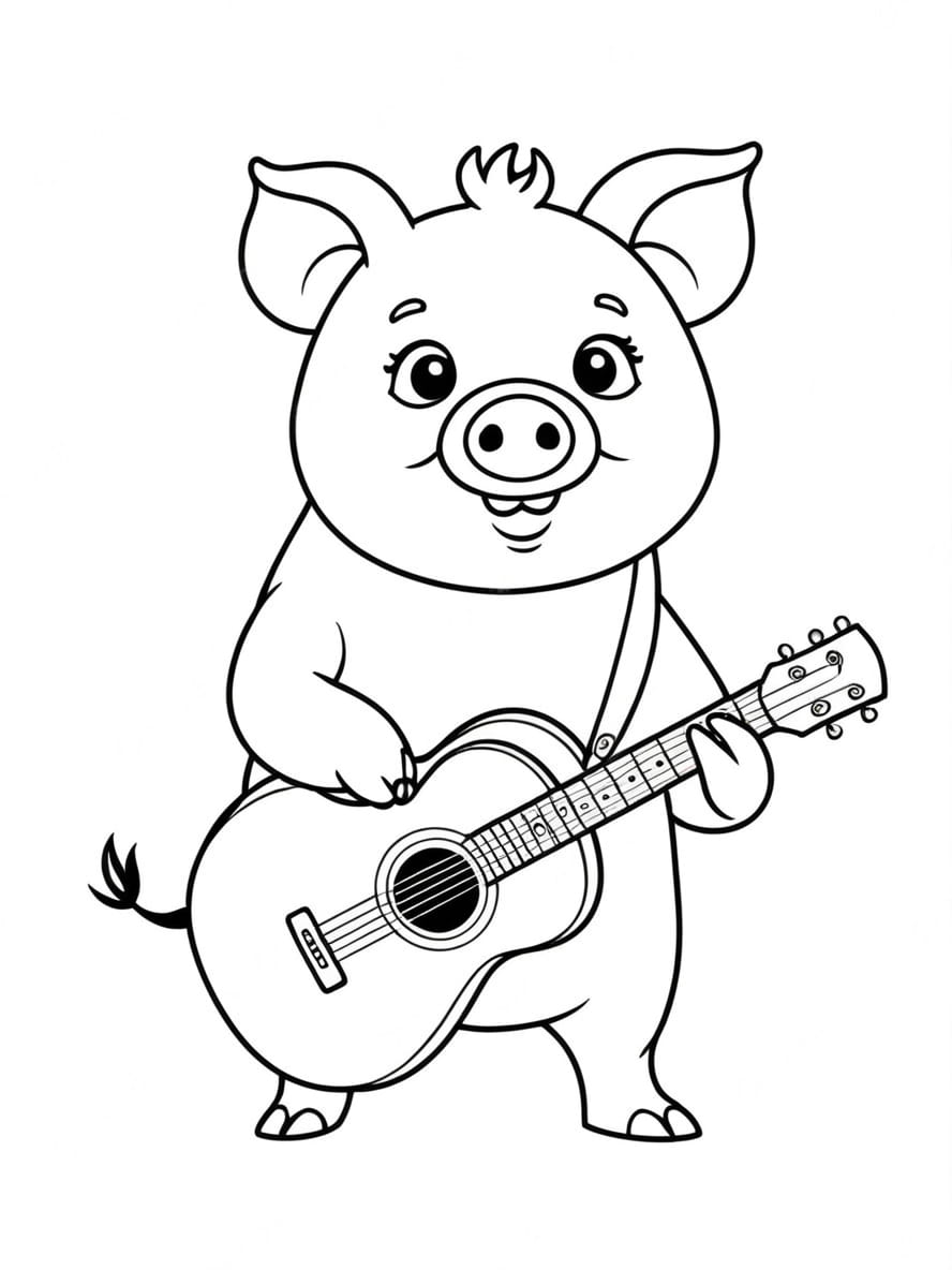 Coloriage Cochon Avec Une Guitare