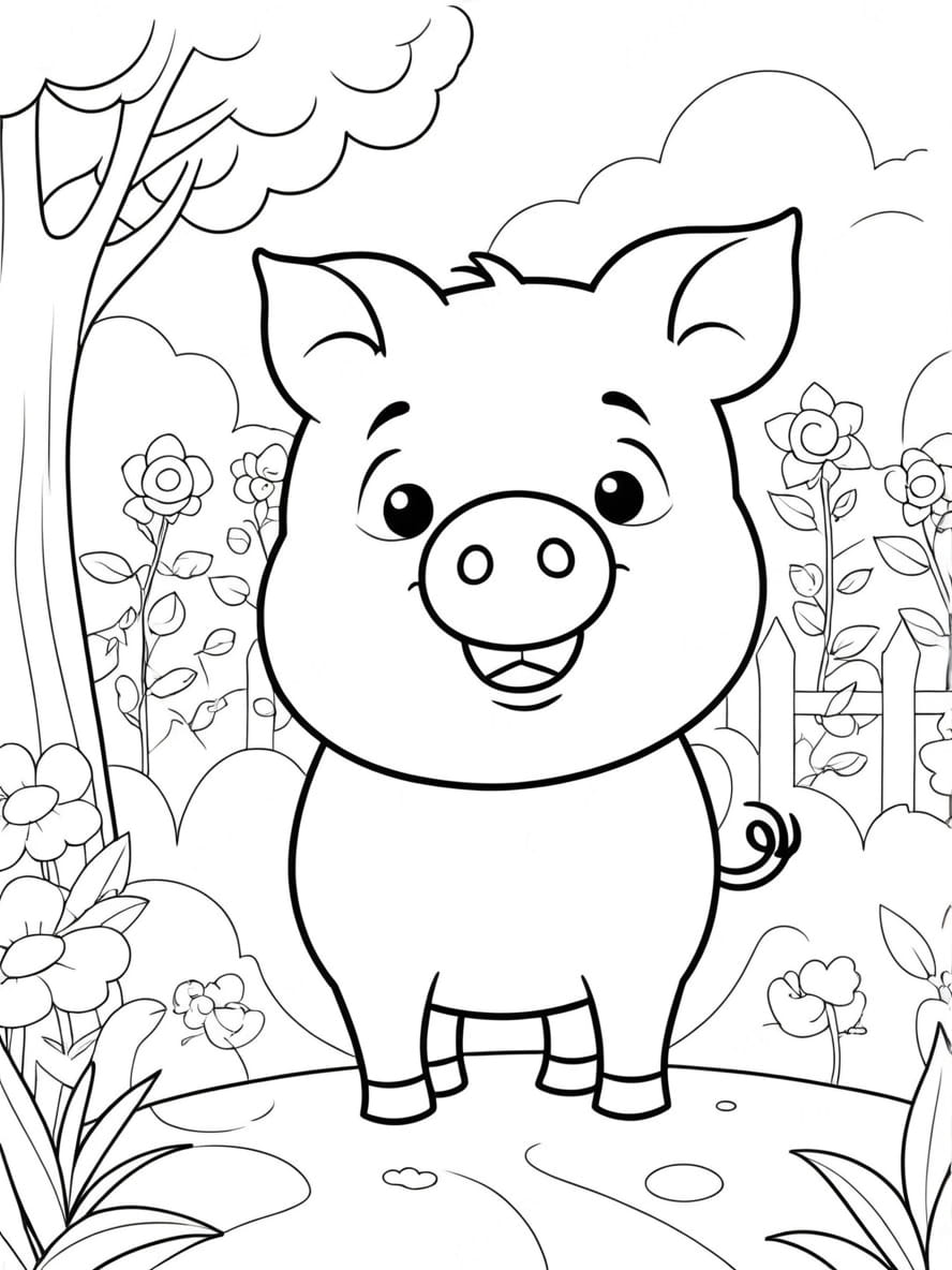 Coloriage Cochon Dans Un Jardin