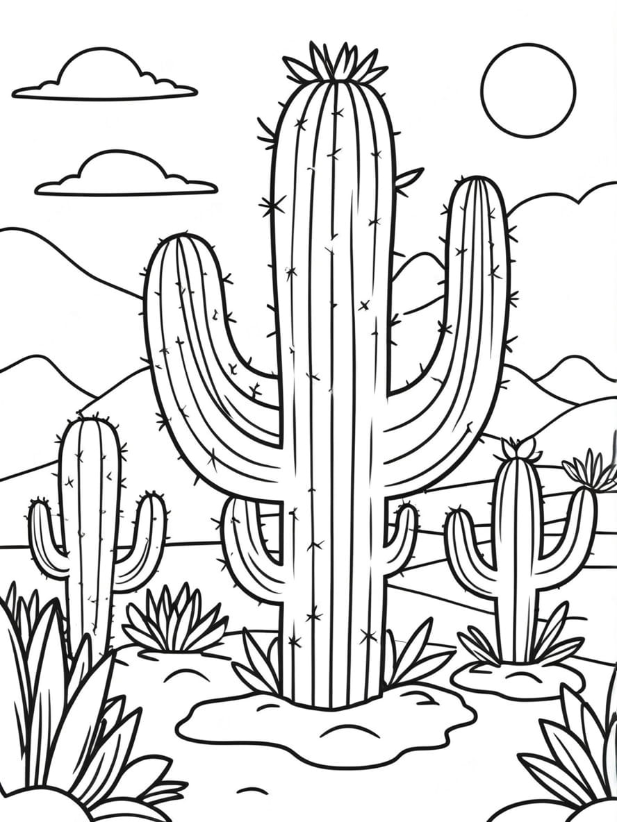 Coloriage De Cactus Dans Le Desert