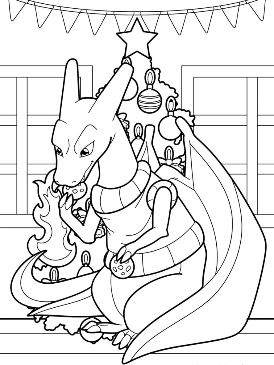 Coloriage De Charizard Mangeant Des Biscuits Devant Le Sapin De Noel Pour Les Enfants D Age Prescolaire