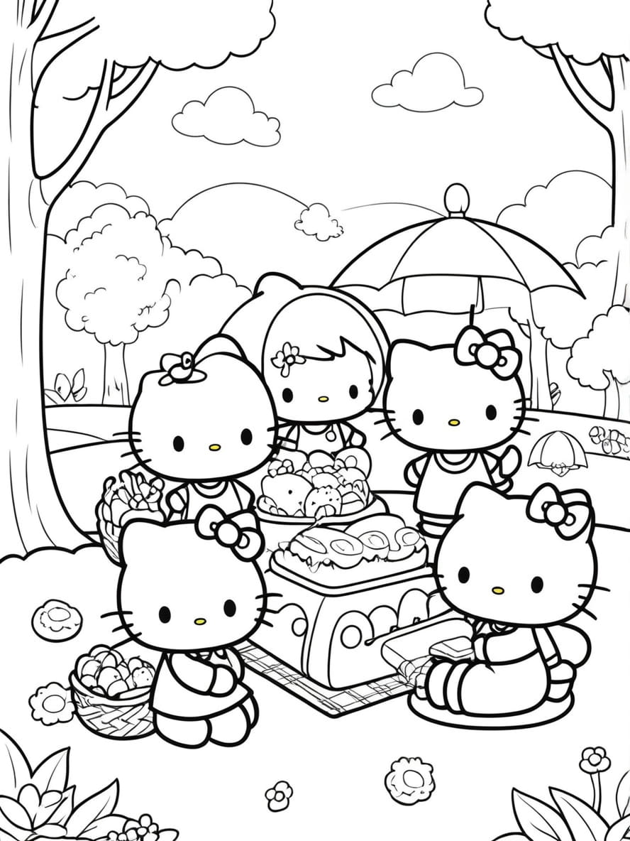 Coloriage De Hello Kitty Et Ses Amis En Pique Nique