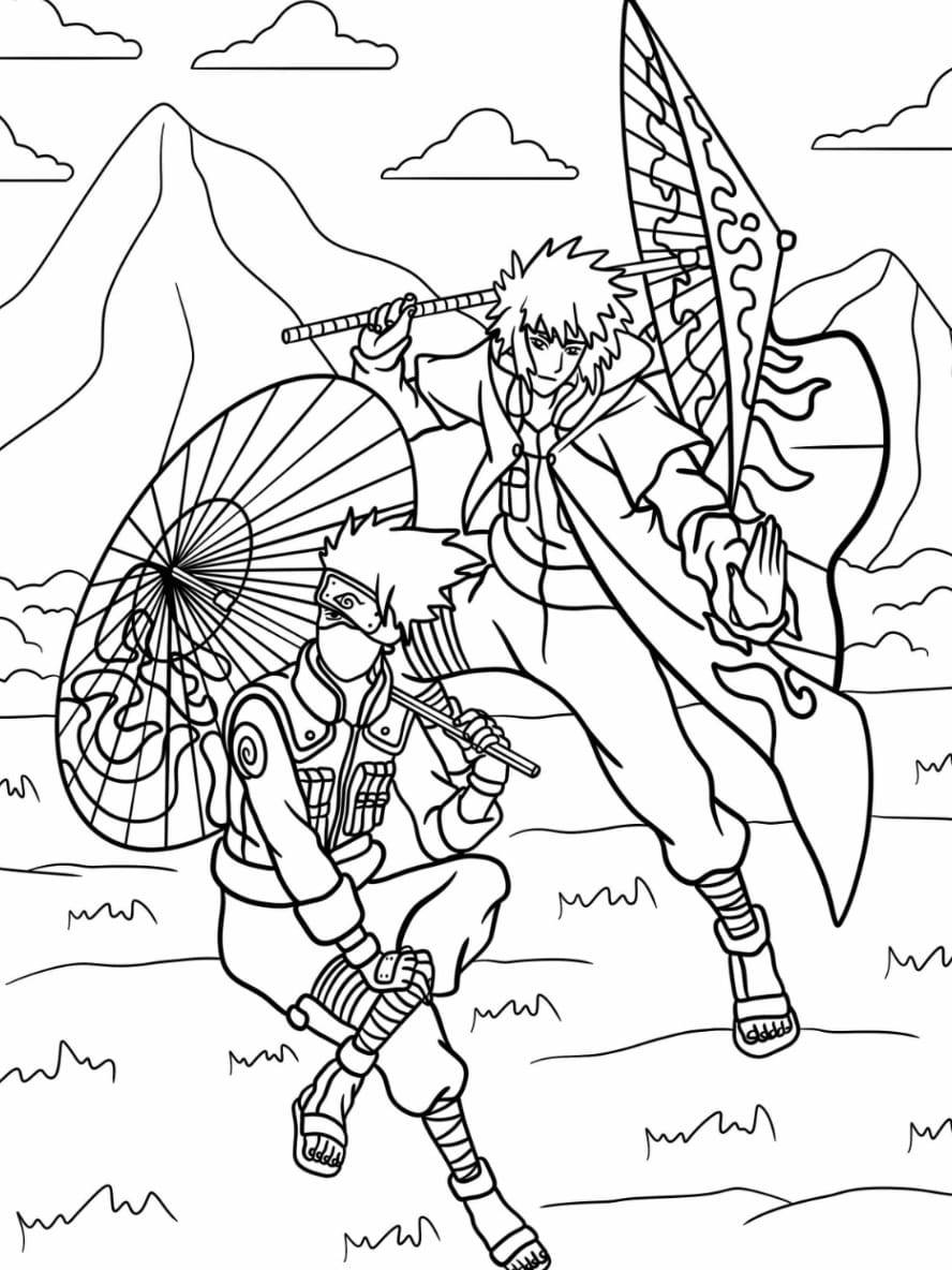 Coloriage De Kakashi Et Minato Tenant Des Parapluies Japonais