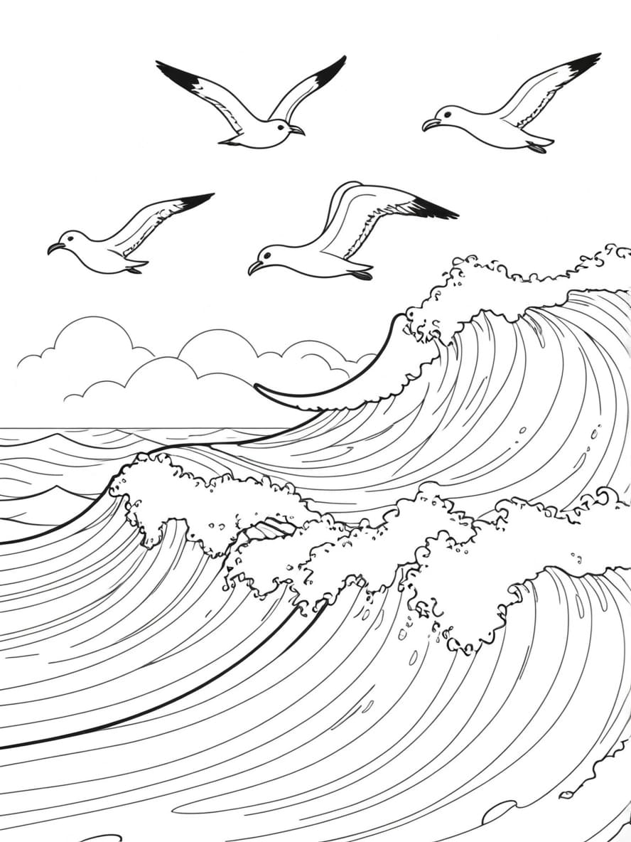 Coloriage De Mouettes Survolant Les Vagues Mer