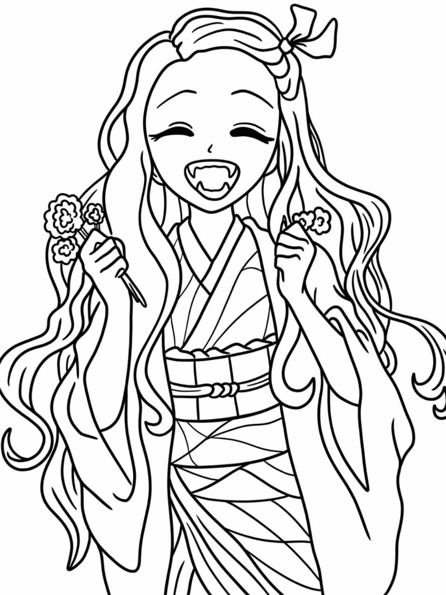 Coloriage De Nezuko Souriante Tenant Des Fleurs Sauvages