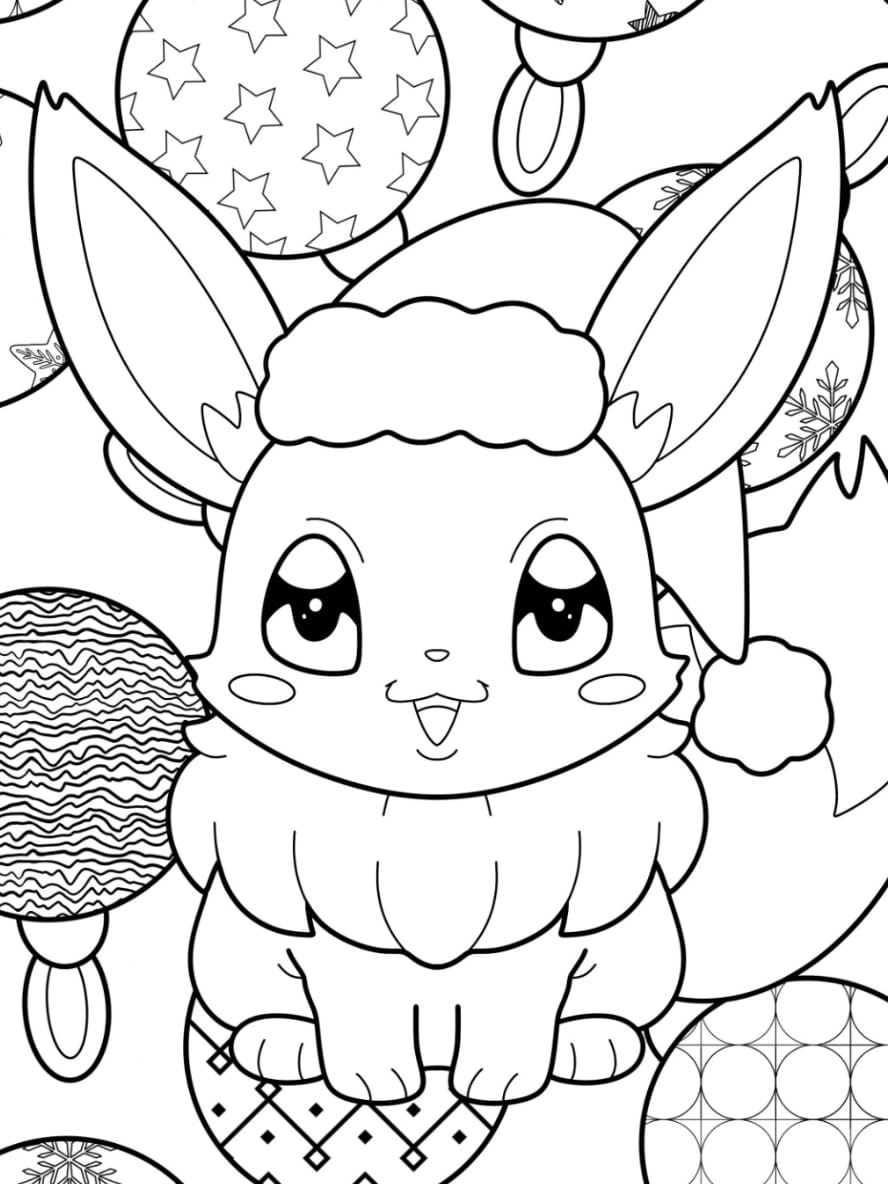 Coloriage De Noel Pokemon Mignon Evoli Avec Des Boules En Arriere Plan