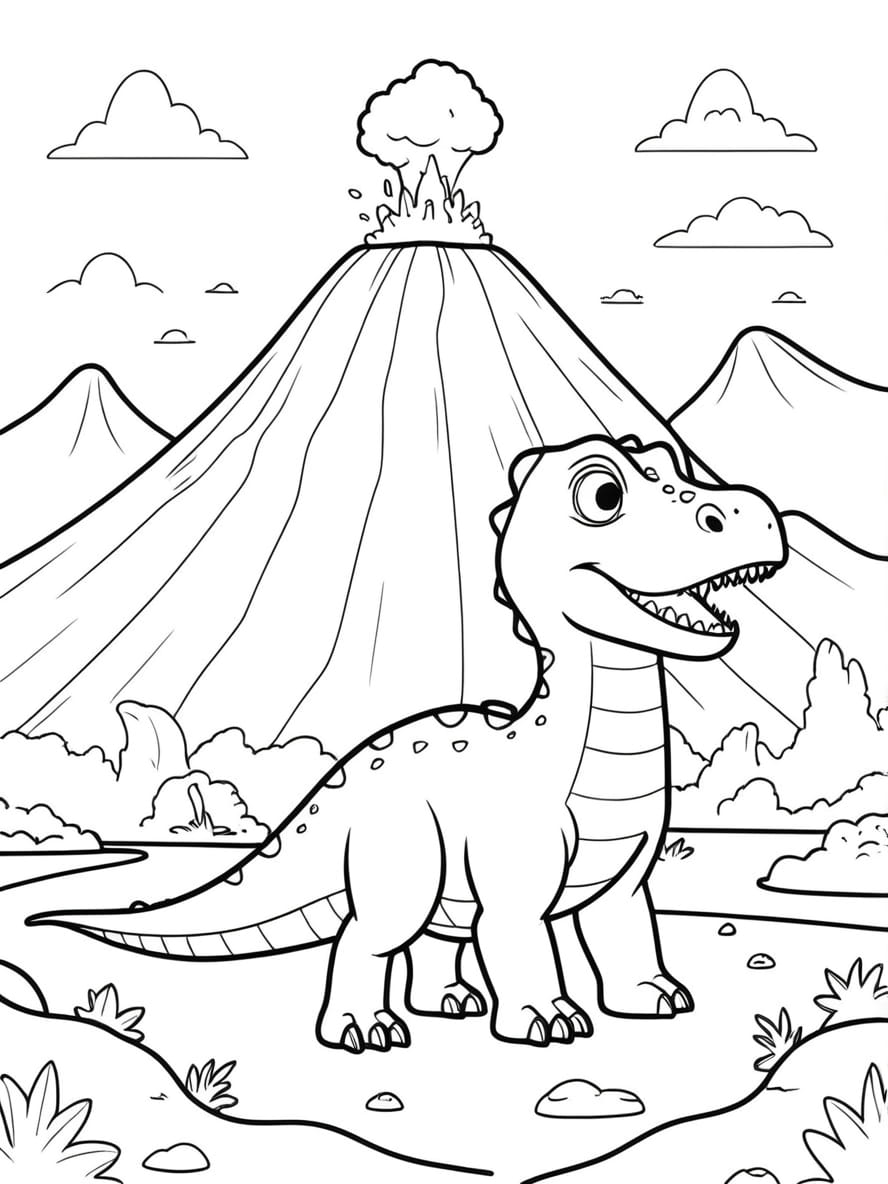 Coloriage De Paysage De Volcan Et De Dinosaures