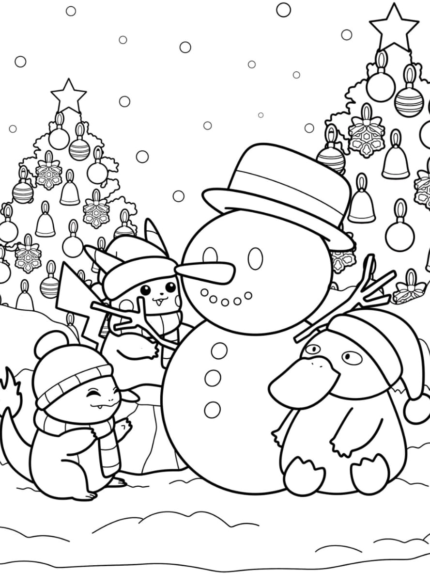 Coloriage De Pikachu Charmander Et Psyduck Faisant Un Bonhomme De Neige