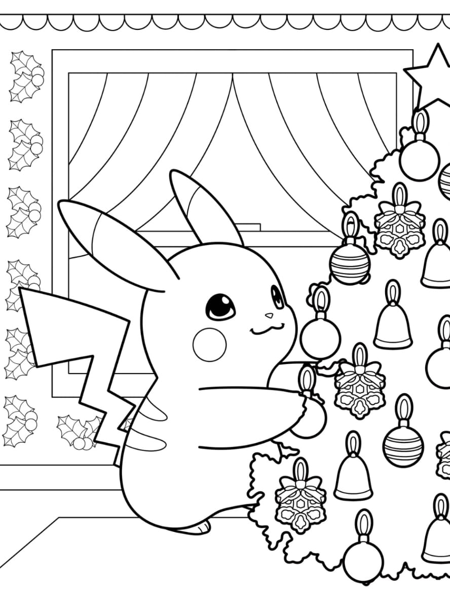 Coloriage De Pikachu Decorant Un Sapin De Noel