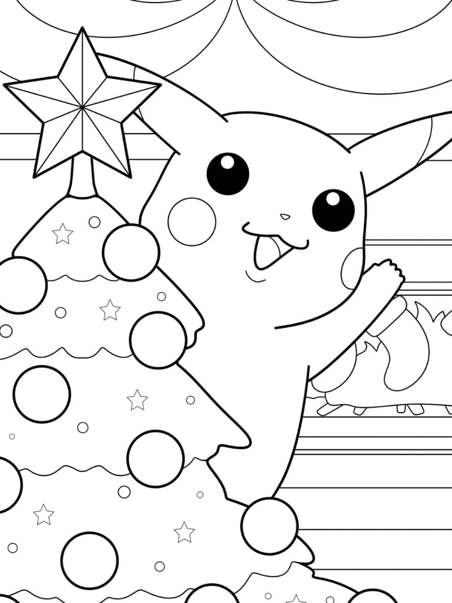 Coloriage De Pikachu Faisant Signe Du Haut D Un Sapin De Noel Pour Les Enfants