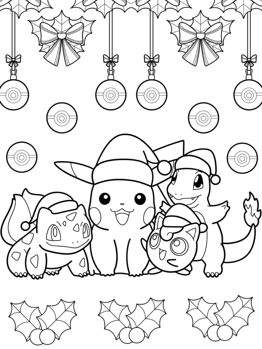 Coloriage De Pikachu Jigglypuff Salameche Et Bulbizarre Portant Un Chapeau De Pere Noel