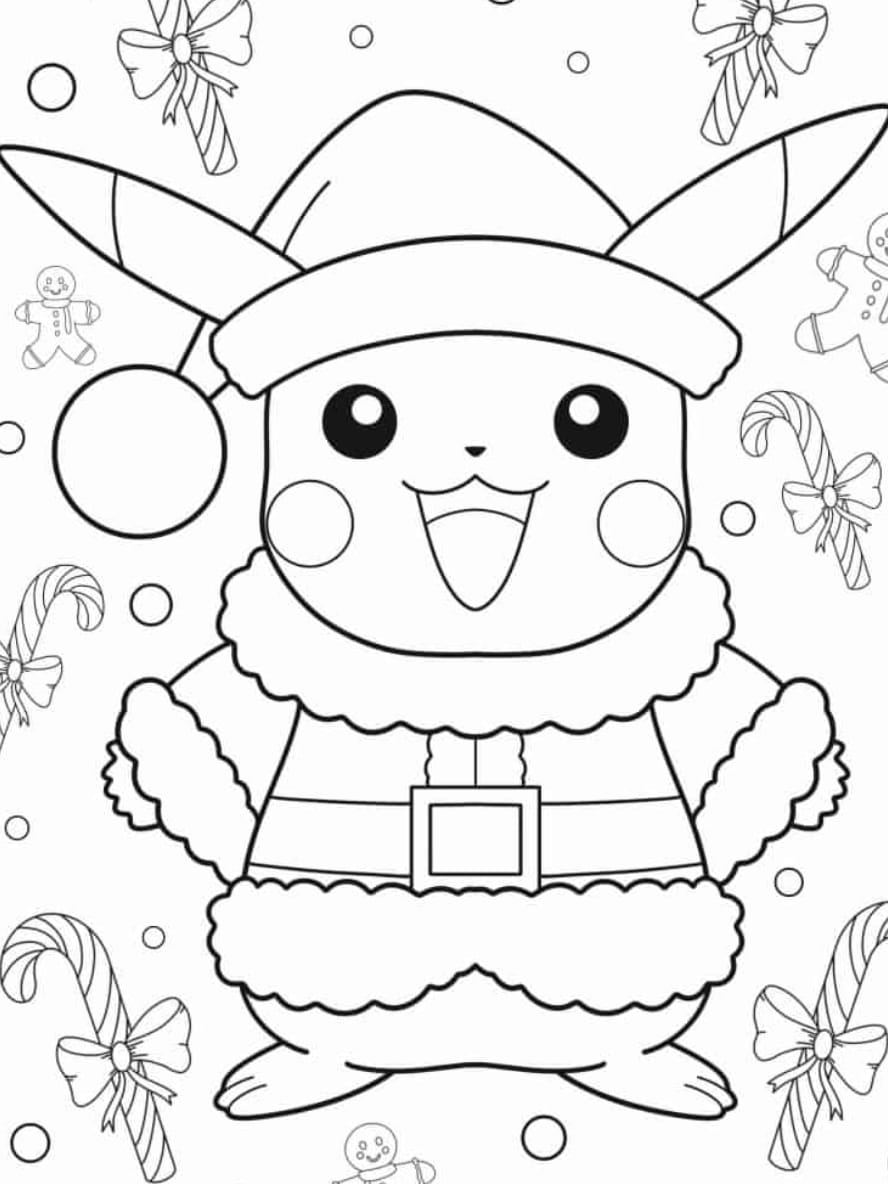 Coloriage De Pikachu Mignon Portant Un Chapeau De Pere Noel