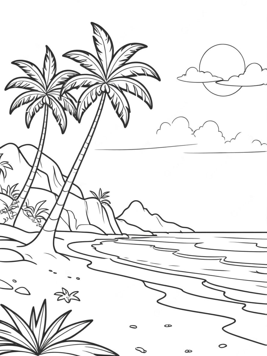 Coloriage De Plage Tropicale Avec Palmiers Au Bord De La Mer