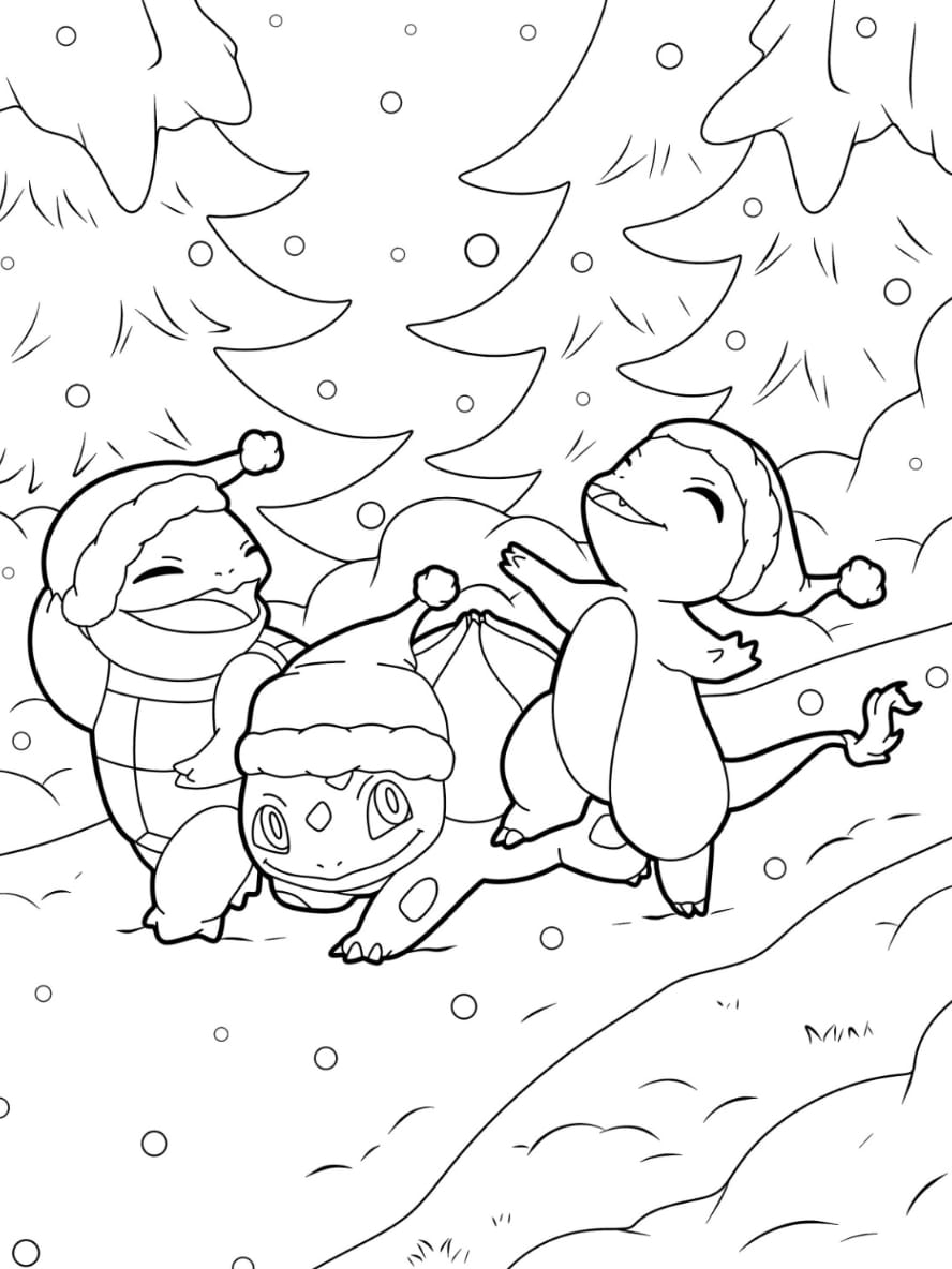 Coloriage De Salameche Bulbizarre Et Carapuce Marchant Dans La Neige Pour Enfants