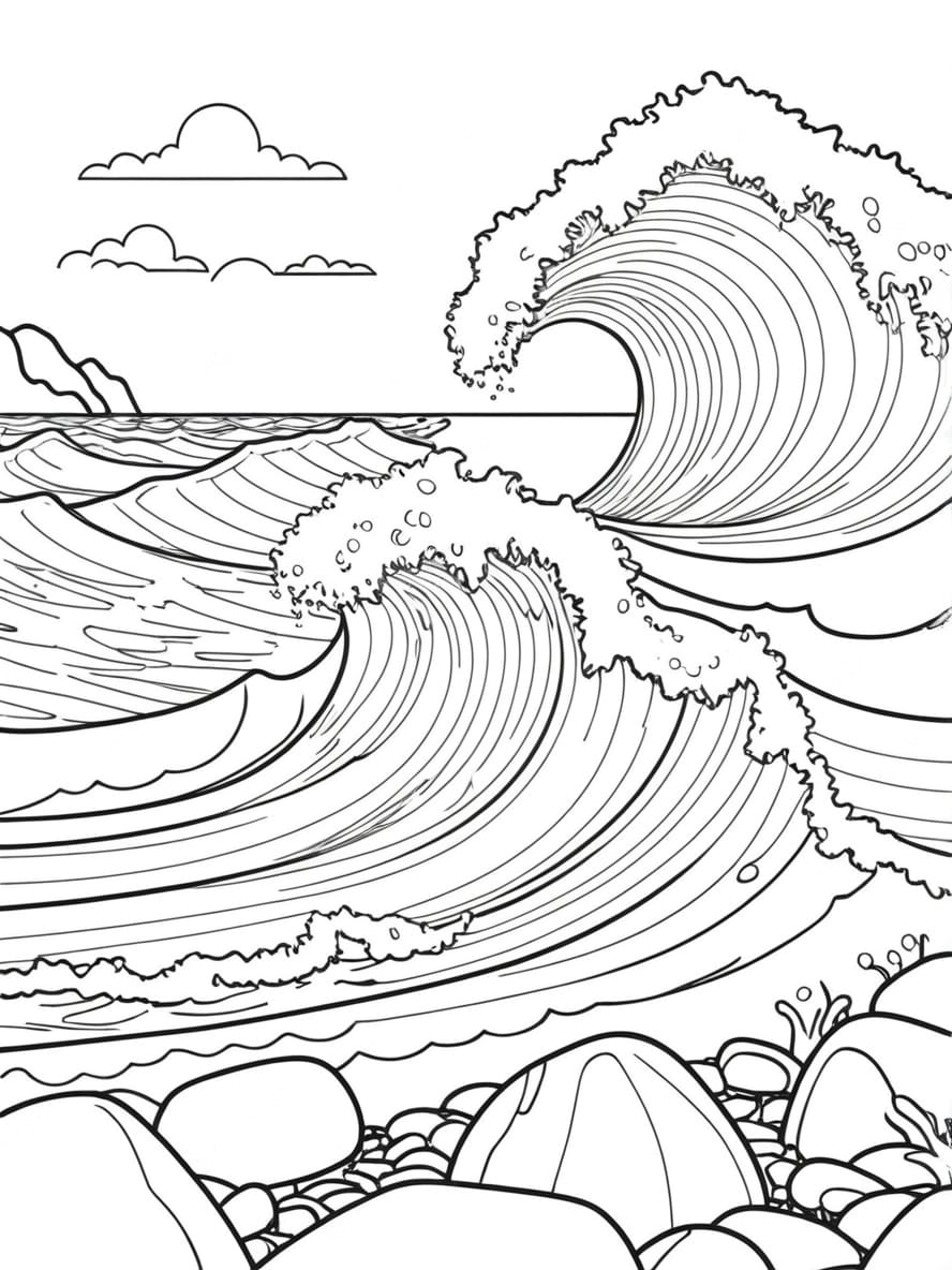 Coloriage Des Vagues De L Ocean S Ecrasant Sur Les Rochers