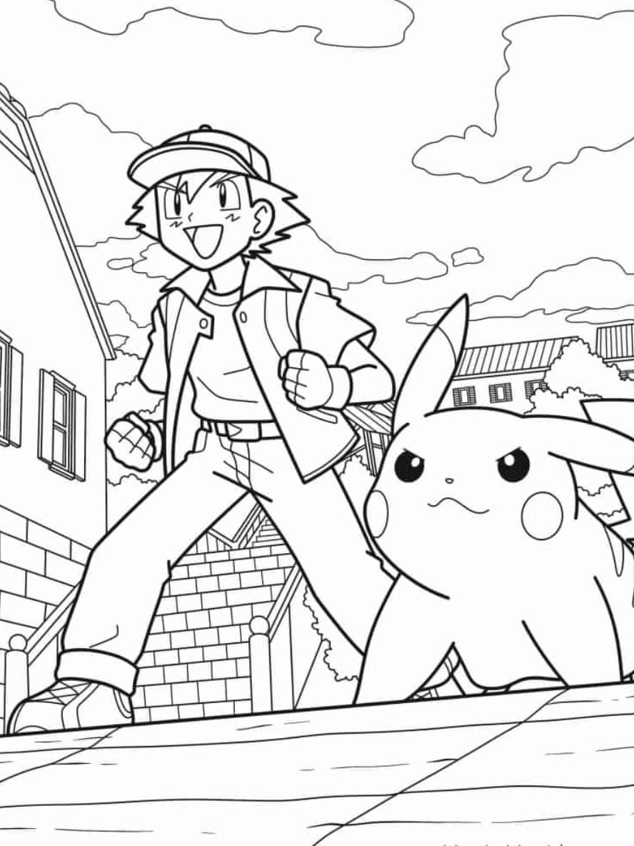 Coloriage Detaille De Satoshi Et Pikachu