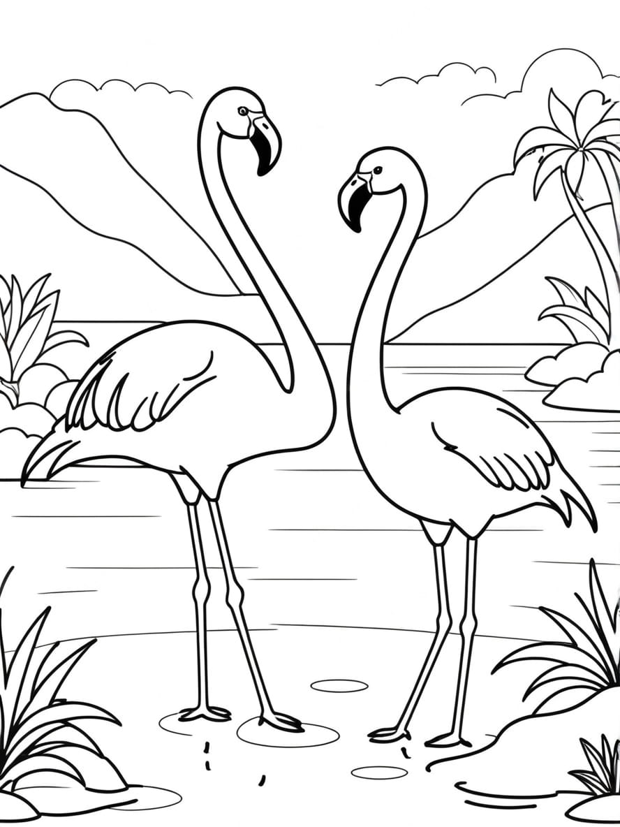 Coloriage Deux Flamants Roses Au Bord De L Eau