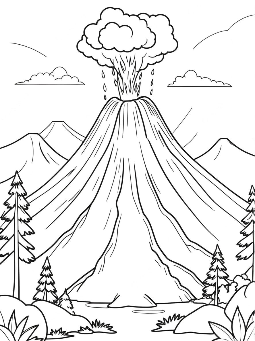 Coloriage Du Volcan Et De La Foret Environnante