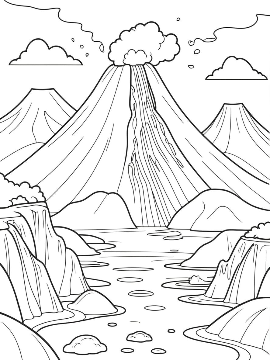 Coloriage D Un Volcan Et D Une Riviere De Lave