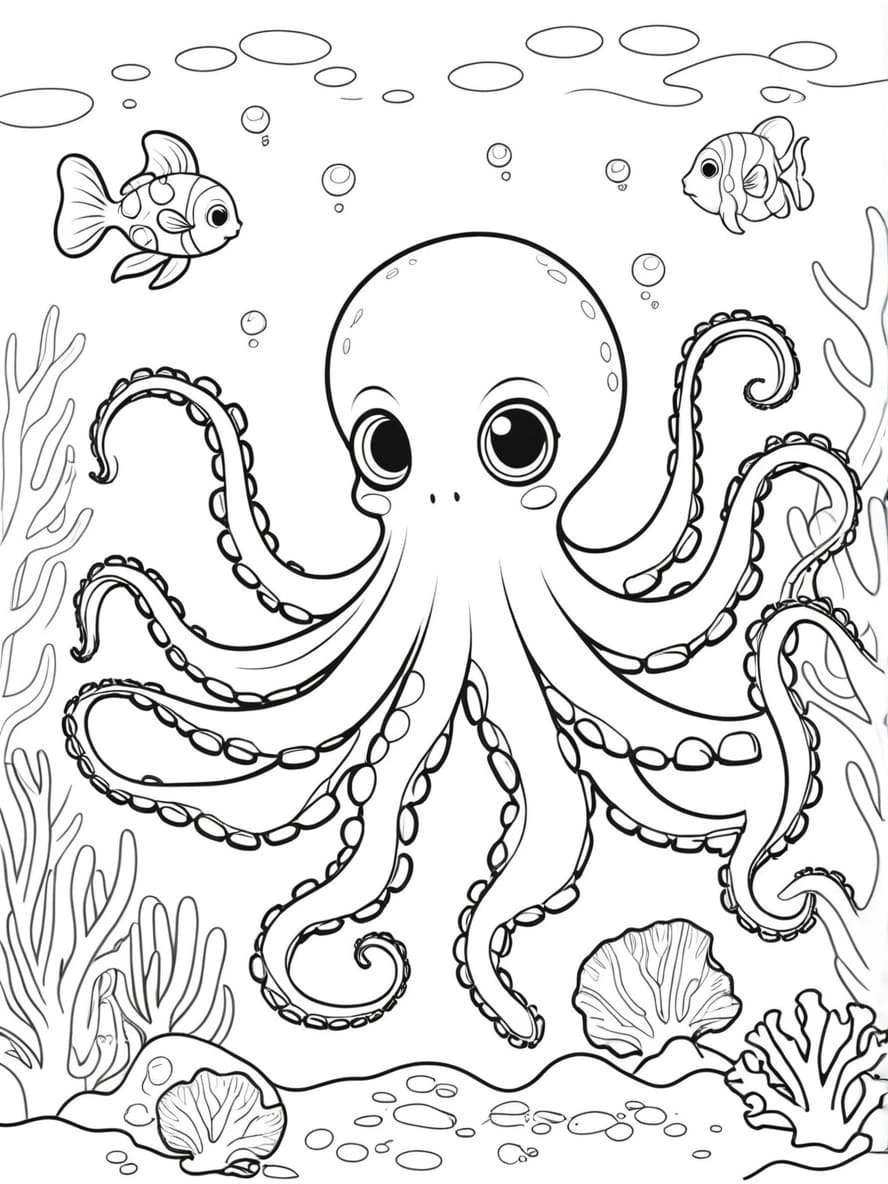 Coloriage D Une Pieuvre Dans Un Recif De Corail